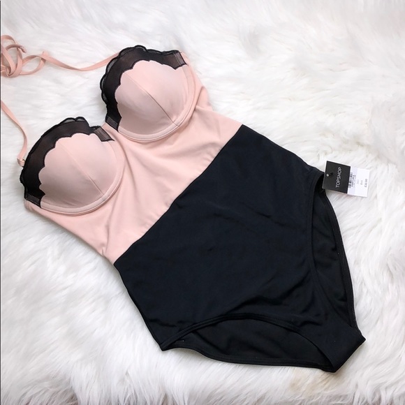 TOPSHOP SCALLOPED ONE PIECE PINK AND BLACK - Picture 3 of 5